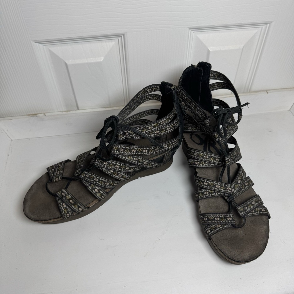 OTBT Black/Gray Way Out Wedge Lace Up Ghillie Tie Sandals Size 10 M Leather